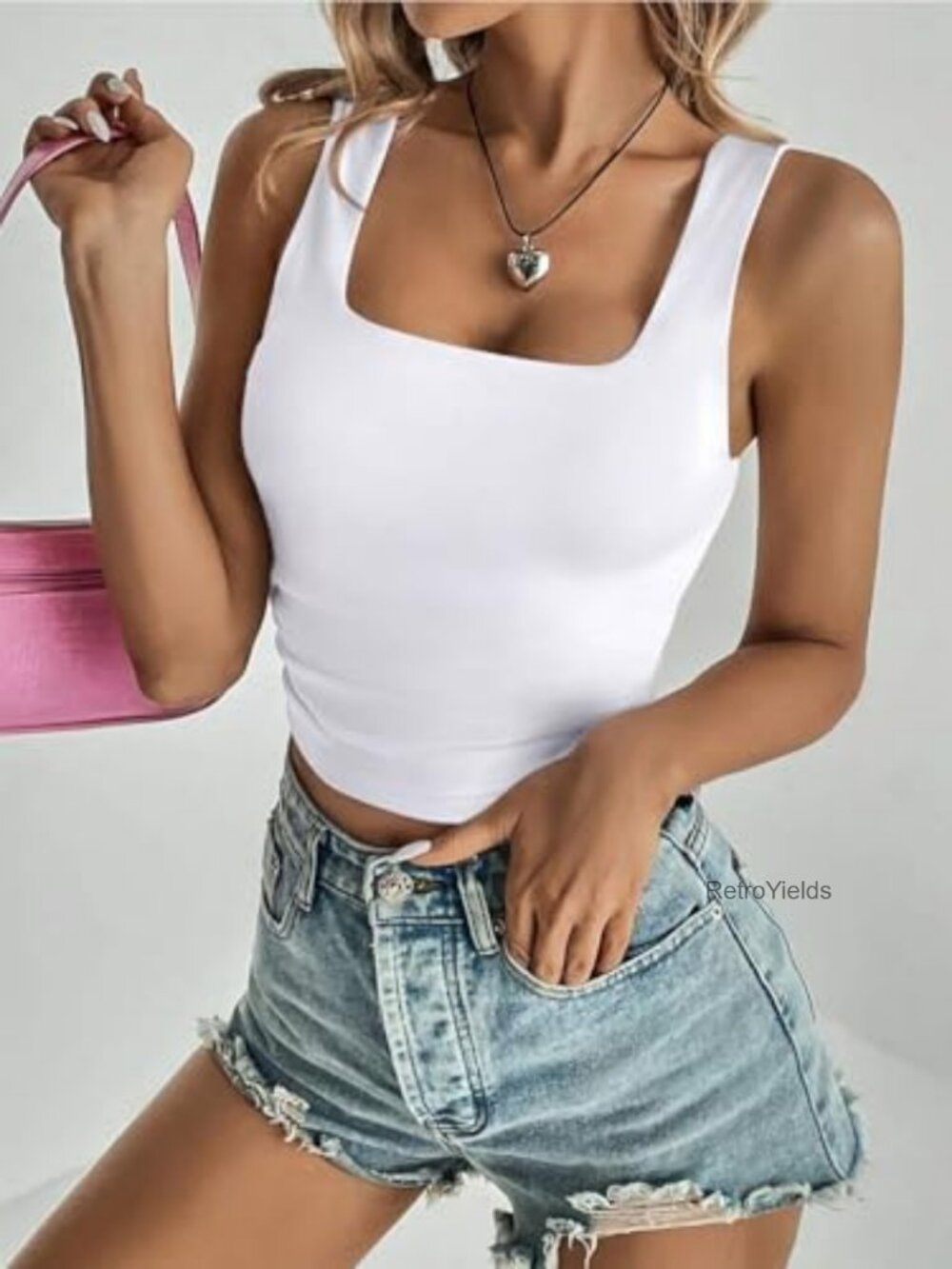 Sleeveless Square Neck Crop Tank Top Double Lined Fitted Summer Basic - Picture 6 of 6